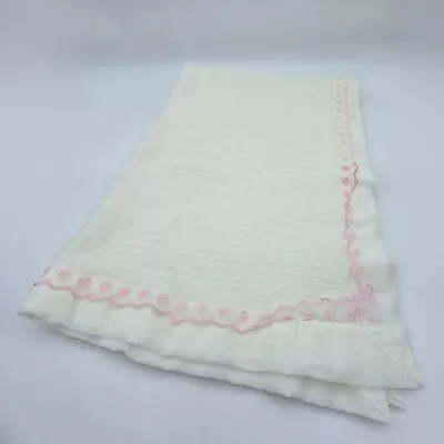 Vintage Acrylic Thermal Baby Blanket Satin Trim White Pink Floral 36 X 50  #534 • $34.99