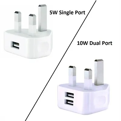 UK Mains 3 Pin Plug Adapter Wall Charger Dual Port USB Cable For Phones Tablets • £3.89