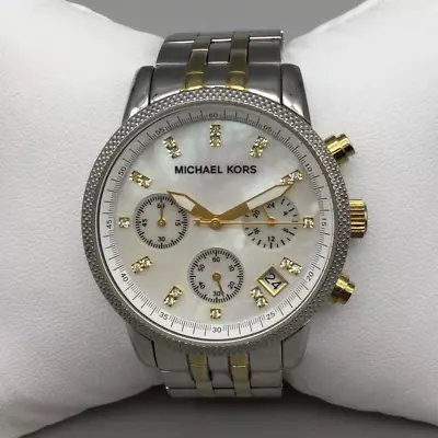 Michael Kors Ritz Chronograph Watch Women Silver Tone MOP New Battery 5.75  • $54.99