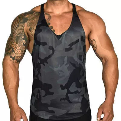 Men Camo Sports Gym Vest Racerback Bodybuilding Top Muscle Stringer Workout Tank • £13.89