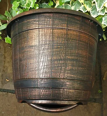 £0.99 • Buy 2 XL COPPER Wooden Barrel Plant Pot Outdoor Garden Flower Round Plastic Planter 