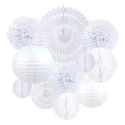 15 White Hanging Decorations Pompom Fan Lanterns Honeycomb Ball Birthday Wedding • £7.29