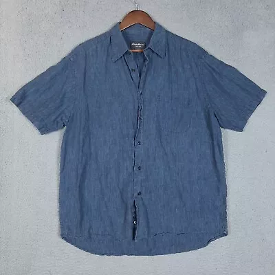 Eddie Bauer Button Up Shirt Men's Large Blue Chambray 100% Linen Short Sleeve • $19.99