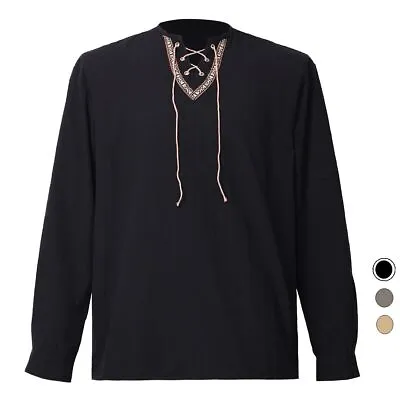 Men's Medieval Viking Shirt Pirate Shirt Lace-up V Neck Shirt LARP Celtic Tops • $21.99