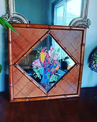 1970s Vintage Bamboo And Woven Rattan Hand Painted Mirror Of Parrots! 🦜 • $99.99