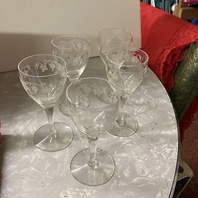 5 Vintage Cordial Licquer Stemware Wine Etched Grapevine 4.75  Tall; 3 Ounce • $6