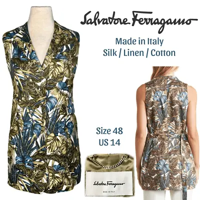 Salvatore Ferragamo Palm Silk & Linen Blend Tunic Shirt Pockets Sz 14US (48) NEW • $321.95