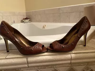 Womens Enzo Angiolini Brown Leather Peep Toe Pumps • $25