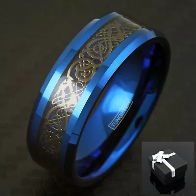 8mm Blue Tungsten Carbide Black Celtic Dragon Stripe Band Ring Men's Jewelry • $13.99