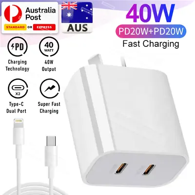 $17.99 • Buy 40W DUAL USB-C PD Fast Charging Wall USB C Charger Power Adapter Type-C Brick AU
