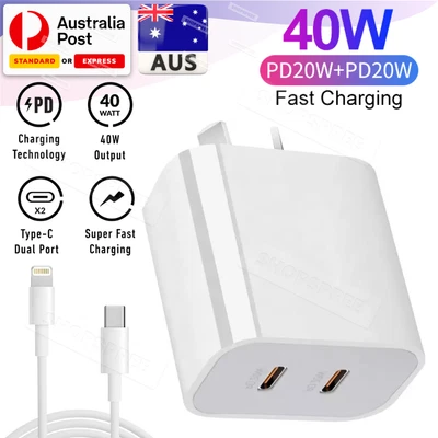 $17.99 • Buy 40W DUAL USB-C PD Fast Charging Wall USB C Charger Power Adapter Type-C Brick AU