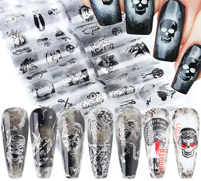 10pcs Skull Black White Scary Halloween Nail Art Foil Transfer Decals Manicure • $2.95