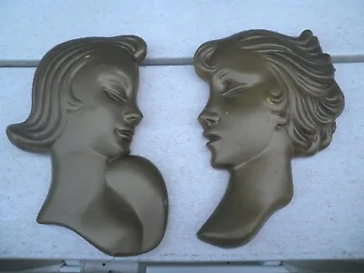 $20.11 • Buy Vintage Art Deco 1930's Chalkware /  Plaster Lady Faces Wall Plaque Set -- Gold