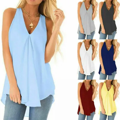 £3.58 • Buy Plus Size Womens V Neck Vest Tops Ladies Sleeveless Blouse Summer Cami T Shirt T