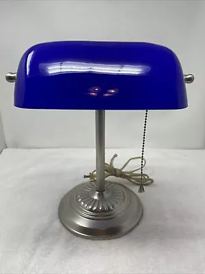 Vintage Banker’s Lamp Cobalt Blue Glass Silver Pedestal 1920’s Style Pull String • $69.99