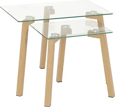 £56.99 • Buy Morton Nest Of Tables Coffee Tea End Bed Side Lamp Clear Glass Top / Oak Effect