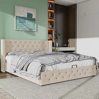 Ottoman Lift Up Storage Bed 5ft King Size Bed Velvet Upholstered Bed Frame Beige • £259.99