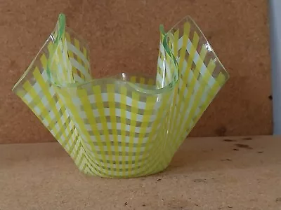 CHANCE GLASS HANDKERCHIEF VASE WAVY YELLOW AND WHITE STRIPES 1960s/1970 RETRO • £9