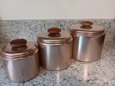 Mirro 1950s Vintage Set Of 3 Nesting Canisters Pink Aluminum W Wooden Handles  • $28