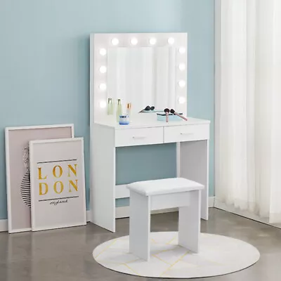 White Dressing Table Makeup Desk With LED Mirror Stool 2 Drawers Bedroom  Modern • £99.99