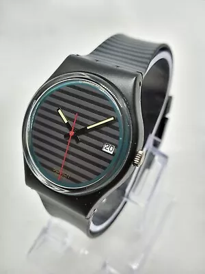 VINTAGE 1988 Swatch GB411  Grey Line  34mm Swiss Made Date Watch NOS • $79.99