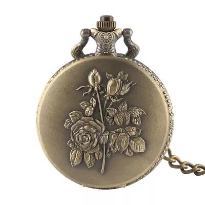 Women Bronze Rose Pattern Quartz Pocket Watch With Necklace Chain White Dial • $4.74