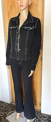 Vintage VERTIGO Paris Navy Blue Pants Suit W/Teal Rhinestones Women's 6 Medium • $45