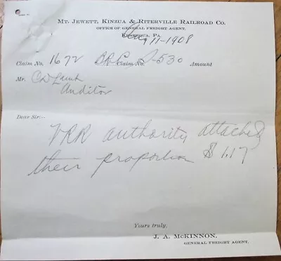 Mt. Jewett Kinzua Riterville Railroad 1908 Document Letterhead Kushequa PA • $9.99