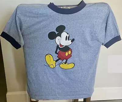 Vintage Mickey Mouse T Shirt Disney Fashions 80’s Ringer Blue Heather Navy Trim • $79