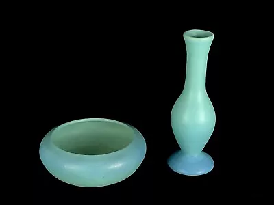 Vintage VAN BRIGGLE Art Pottery Turquoise Blue Vase & Low Bowl Arts & Crafts • $65