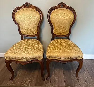 Pair Of Edwardian Walnut Framed Salon Chairs Gold Upholstery Hall Chairs Accent • £200