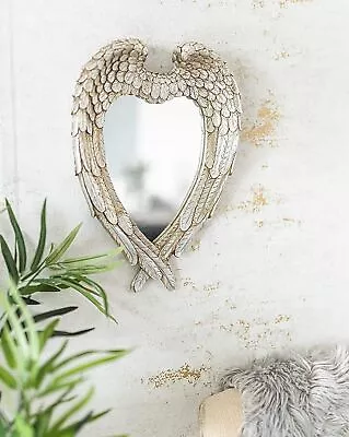 Angel Wings Mirror Hanging Feathered Home Decor Wall Heart Distressed Silver • £14.99