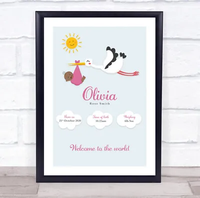 £64.95 • Buy New Baby Birth Details Christening Nursery Stork Dark Skin Girl Gift Print