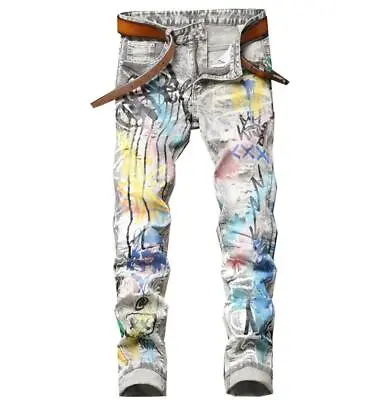 Men's Graffiti Colored Straight Leg Light Gray Ripped Casual Jeans Stretch Pants • $47.69