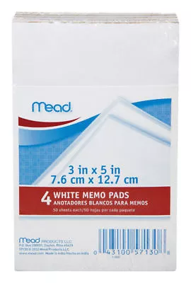 4 Pack - Mead White Memo Pad 3  X 5  50 Sheets Each Pad Fast Free Ship • $6.99