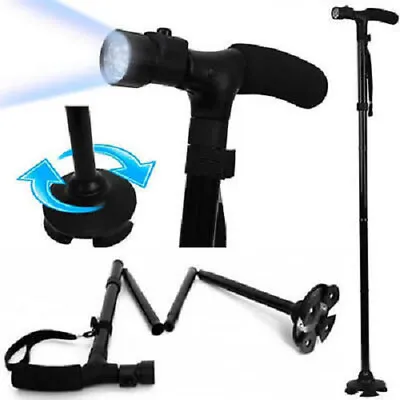 Foldable Walking Stick With Led Light Disability Aluminium Heavy Duty Cane Torch • £10.95