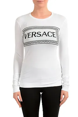 Versace Women's White Stretch Logo Print Long Sleeve Blouse Top Sz XS S L • $179.99