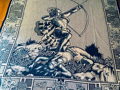 Mexican Mayan Warrior Blanket 91x81 7.5x7 Queen Full Black Green Bedspread N49 • $44.90