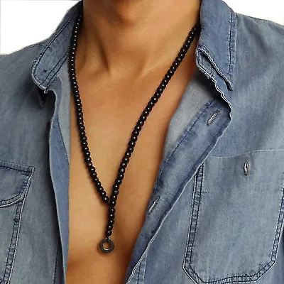 Mens Bead Necklace LIFEGUARD Pendant Beaded Rosary Black Brown GIFT For Him Boys • £9.65