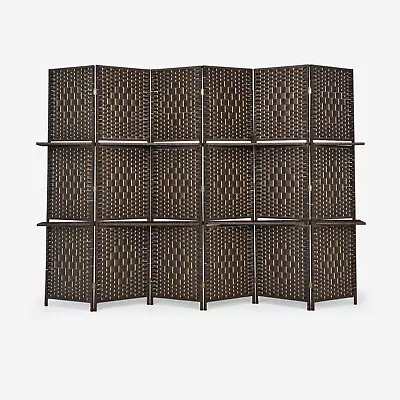 6Ft Weave Fiber Screen 6 Panel Folding Room Divider W/ 2 Display Shelves Brown • $109.99