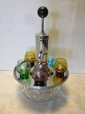 Vintage Glass & Chrome Rotatory  Liquor Dispenser Set Barware 7 Pc. Park 1960's • $68