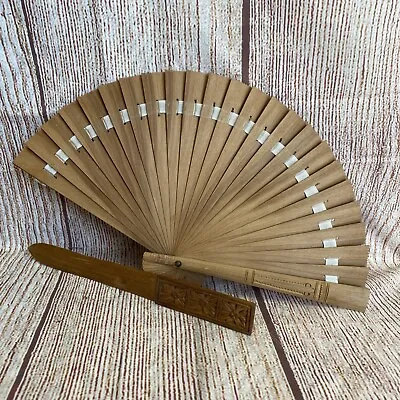 Vintage Hand Fan Wood 6.5” Hand Carving Made Antique White  Band & Letter Opener • $18.99