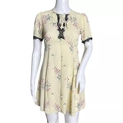 Miss Selfridge Fit Flare Dress Cream Pink Floral Black Lace Trim Keyhole Neck 4 • $23.92