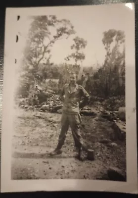 Vintage WW2 Photo Soldier In Uniform Smoking Cigar Standing In Area With Trees • $9.99