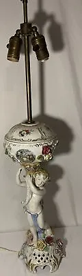 ANTIQUE PORCELAIN Lamp BASE Floral Cherub High RELIEF DRESDEN LAMP • $149
