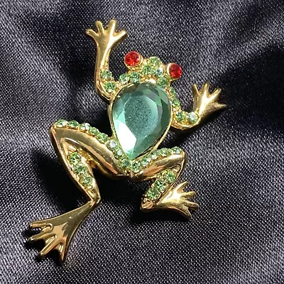 Vintage Frog Brooch Pin Green Glass Stone With Glass Clear Rhinestone Red Eyes • $14.90