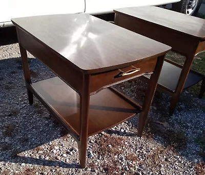 Pair Of Mid Century Mahogany Formica Top End Tables By Mersman RP (ET544) • $599