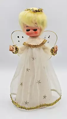 Vintage Christmas Angel Tree Topper Plastic Head Mesh Wings Dress Cardboard Body • $17.99