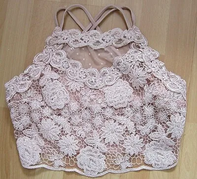 River Island Size 14 Nude Lace Top Bralet Crop Cropped Embroidered Halterneck • £14.99