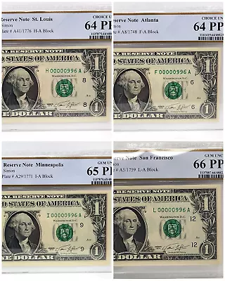4 MATCHING 3 Digit Low Fancy Serial Number One Dollar Bills 00000996 0s 9s 6s • $1009.96